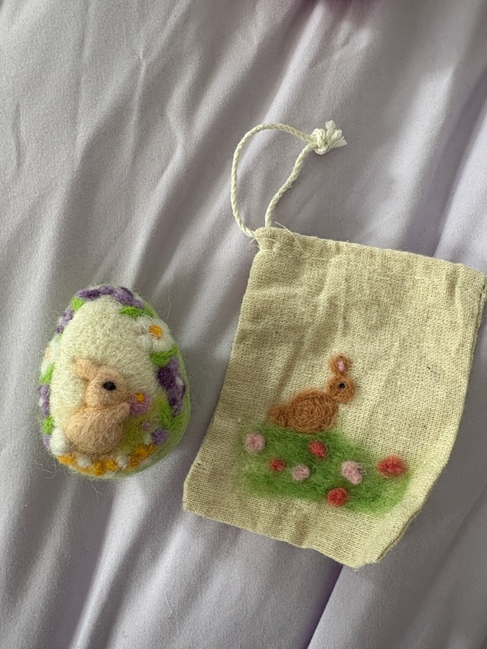 Handmade Felted Bunny Egg and Drawstring Bag - Cream, Green, Purple Accents